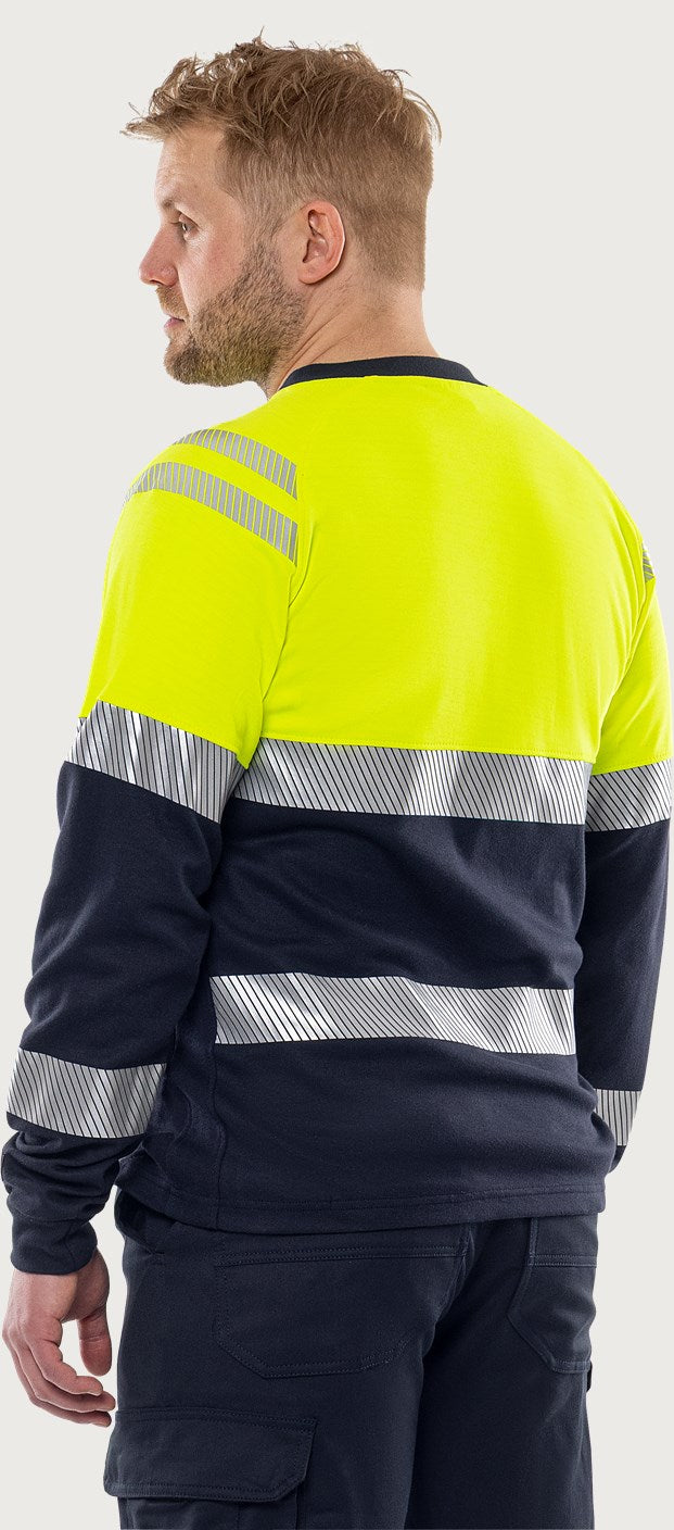 Palosuojattu pitkähihainen huomio-t-paita, luokka 1 – Flamestat 7107 TFL - Neonkeltainen/Tummansininen