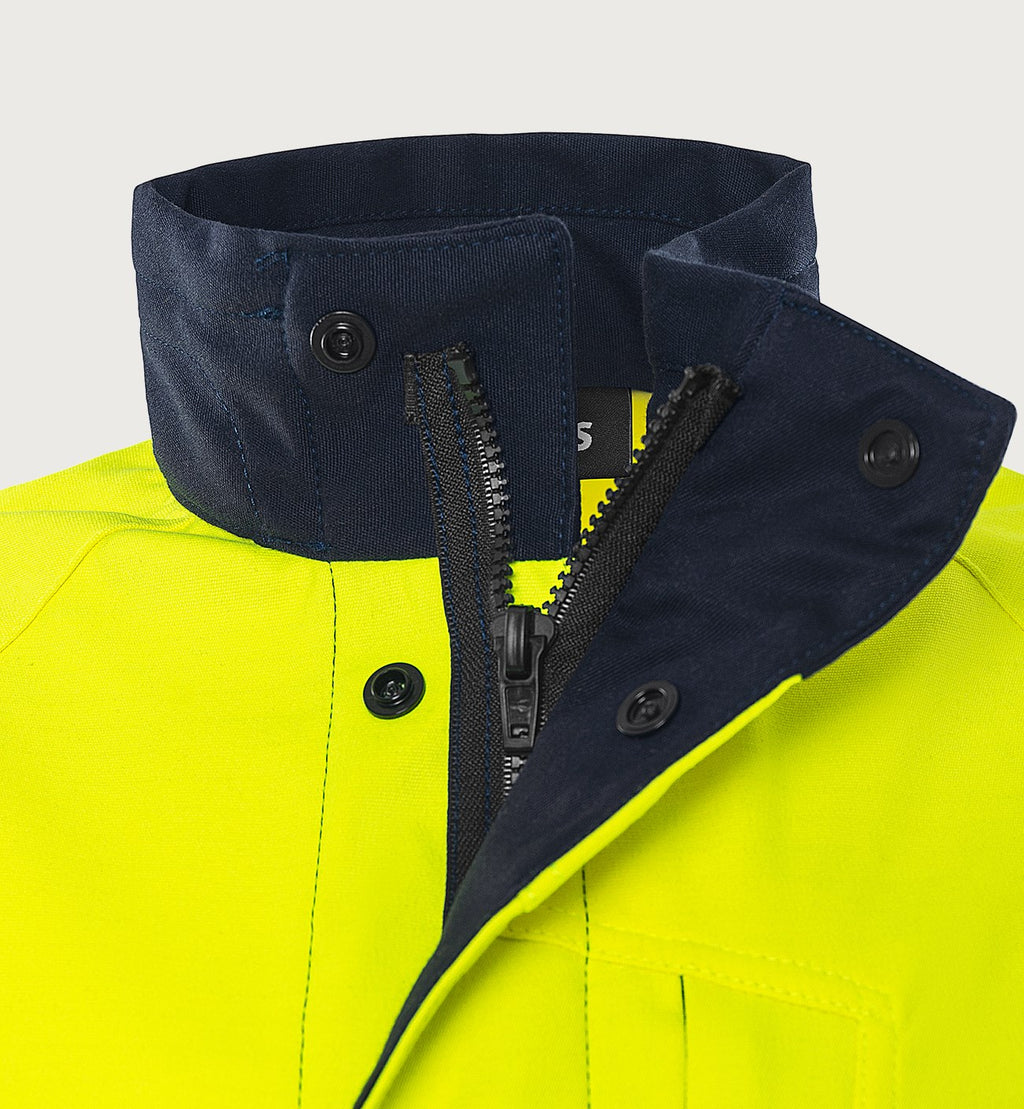 Naisten palosuojattu softshell huomiotakki, luokka 3 – Flamestat 4076 FSS - Neonkeltainen/Tummansininen