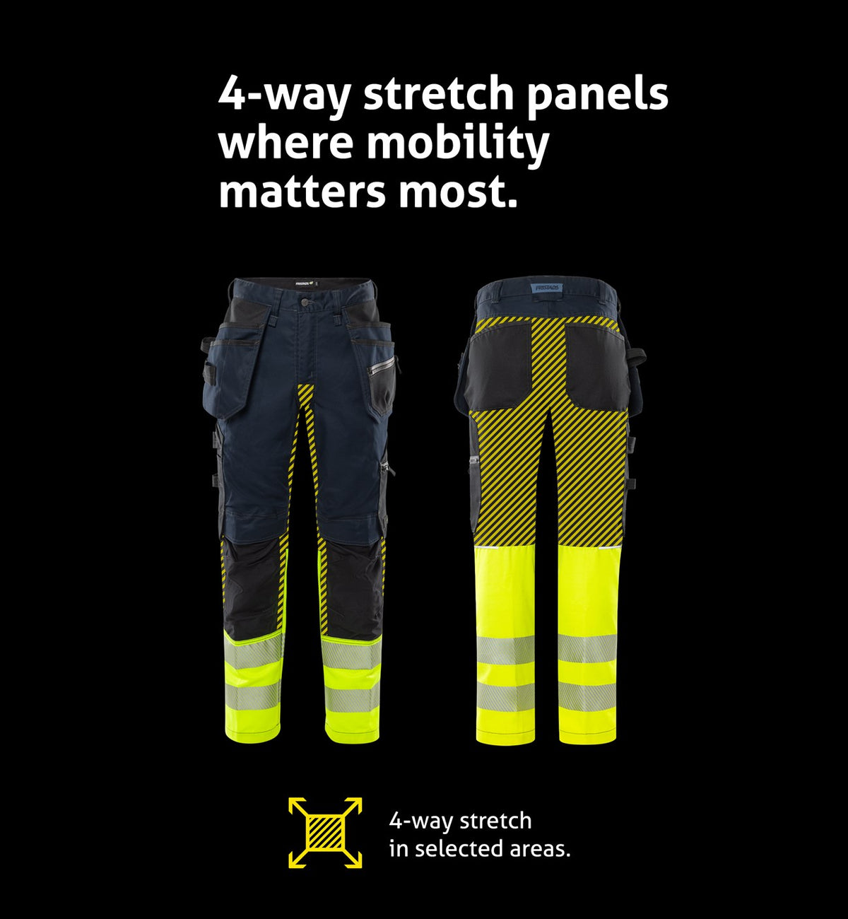 Rakentajan stretch huomiohousut, luokka 1 – 2906 GWM - Neonkeltainen/Navysininen