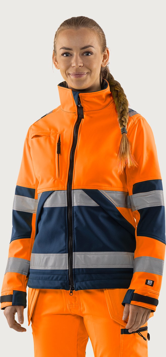Naisten softshell huomiotakki, luokka 2 – 4183 WYH - Neonoranssi/Tummansininen