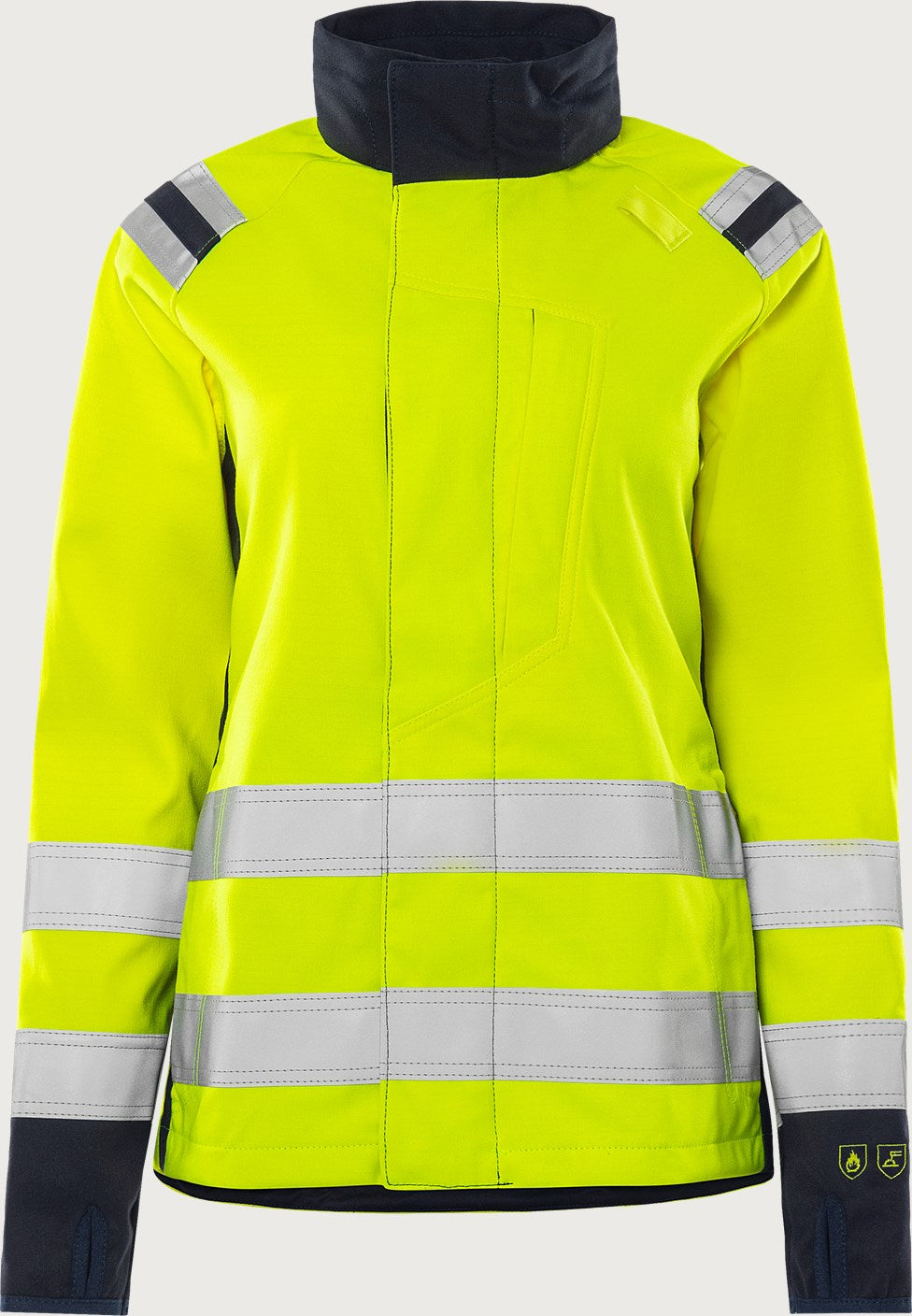 Naisten palosuojattu softshell huomiotakki, luokka 3 – Flamestat 4076 FSS - Neonkeltainen/Tummansininen