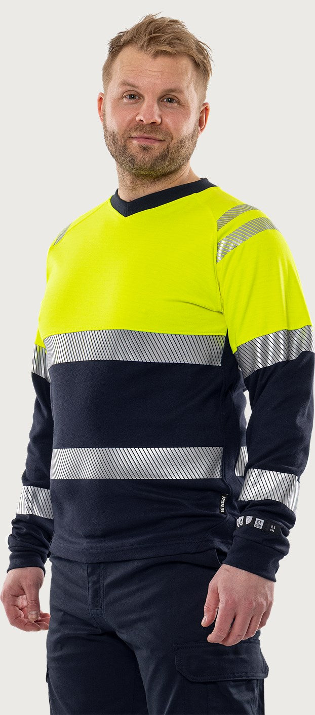 Palosuojattu pitkähihainen huomio-t-paita, luokka 1 – Flamestat 7107 TFL - Neonkeltainen/Tummansininen