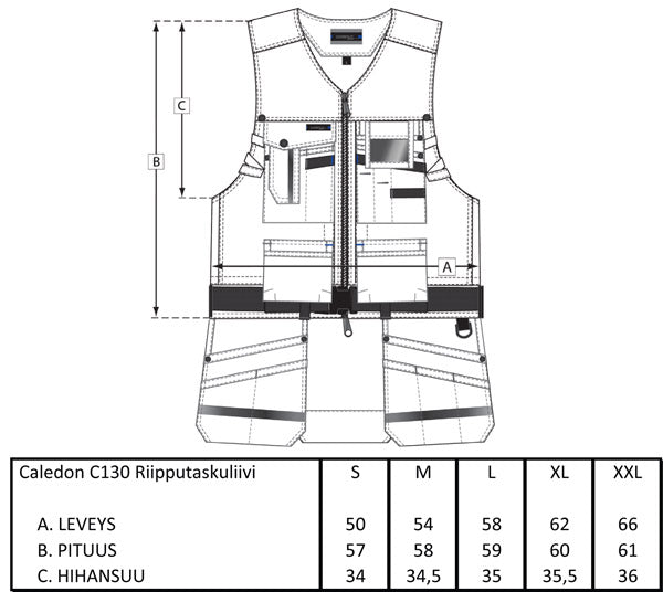 Caledon Premium Cordura-vahvistettu työkaluliivi – mittataulukko