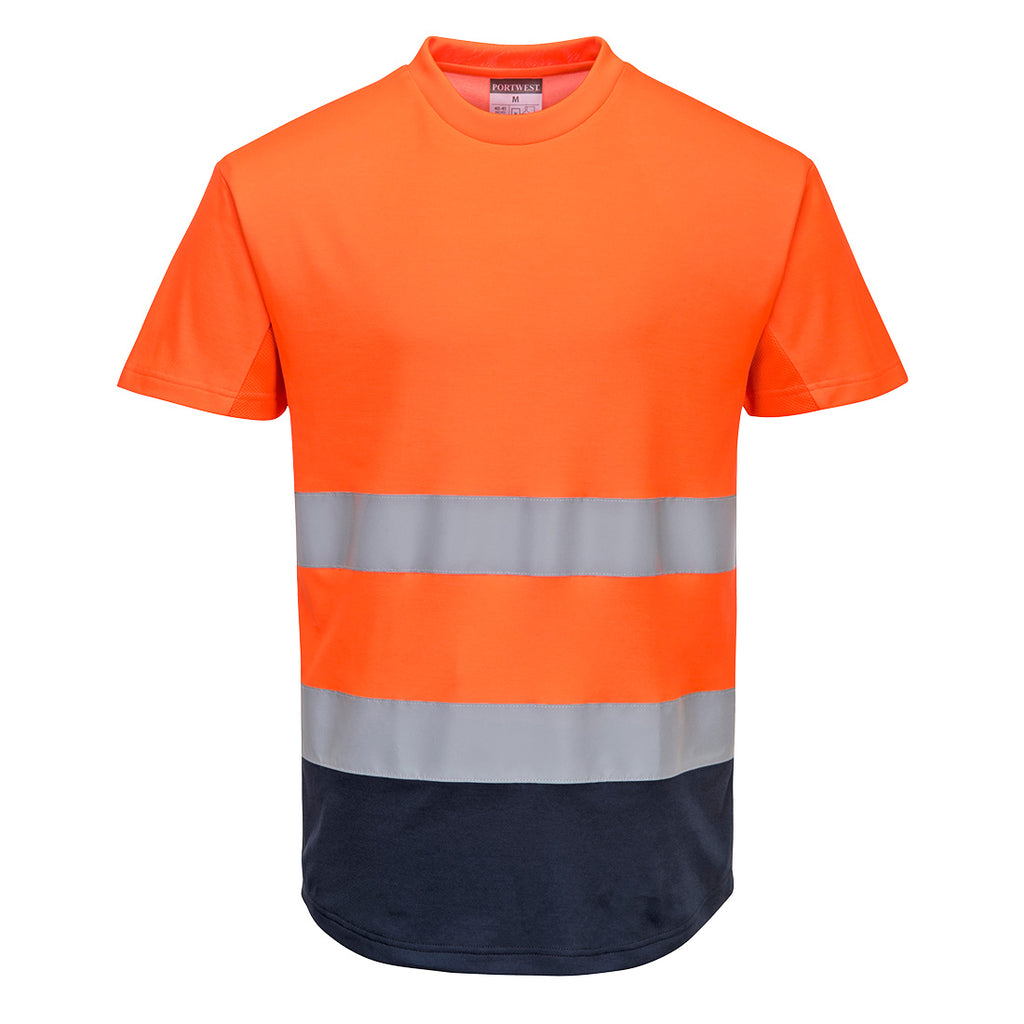 Hi-Vis kaksivärinen tuuletusaukollinen T-paita - Oranssi/navy