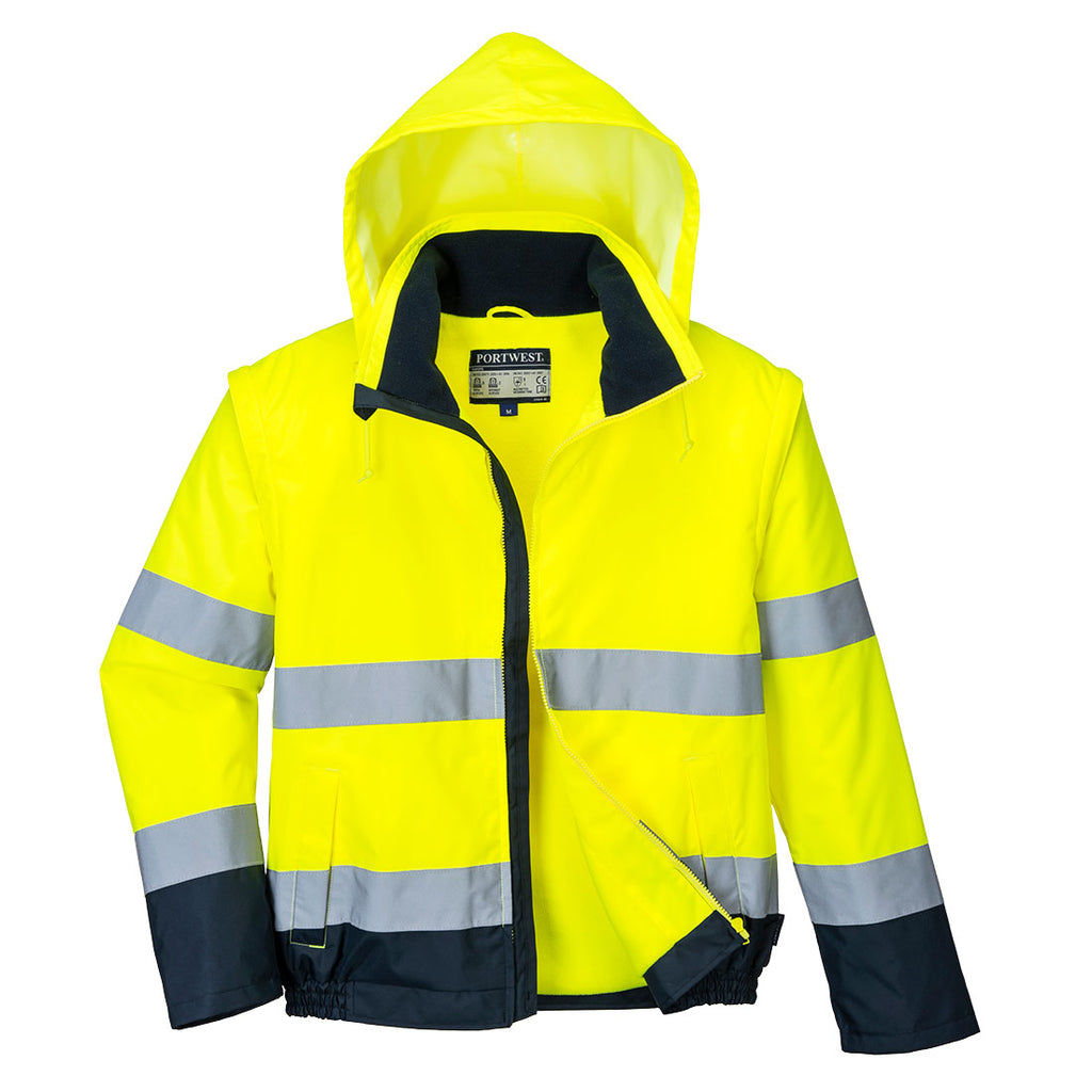 Hi-Vis kontrastiväri 2-in-1 Bomber-takki - Kelta/navy