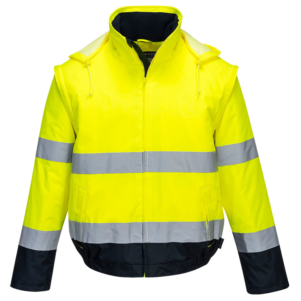 Hi-Vis kontrastiväri 2-in-1 Bomber-takki - Kelta/navy