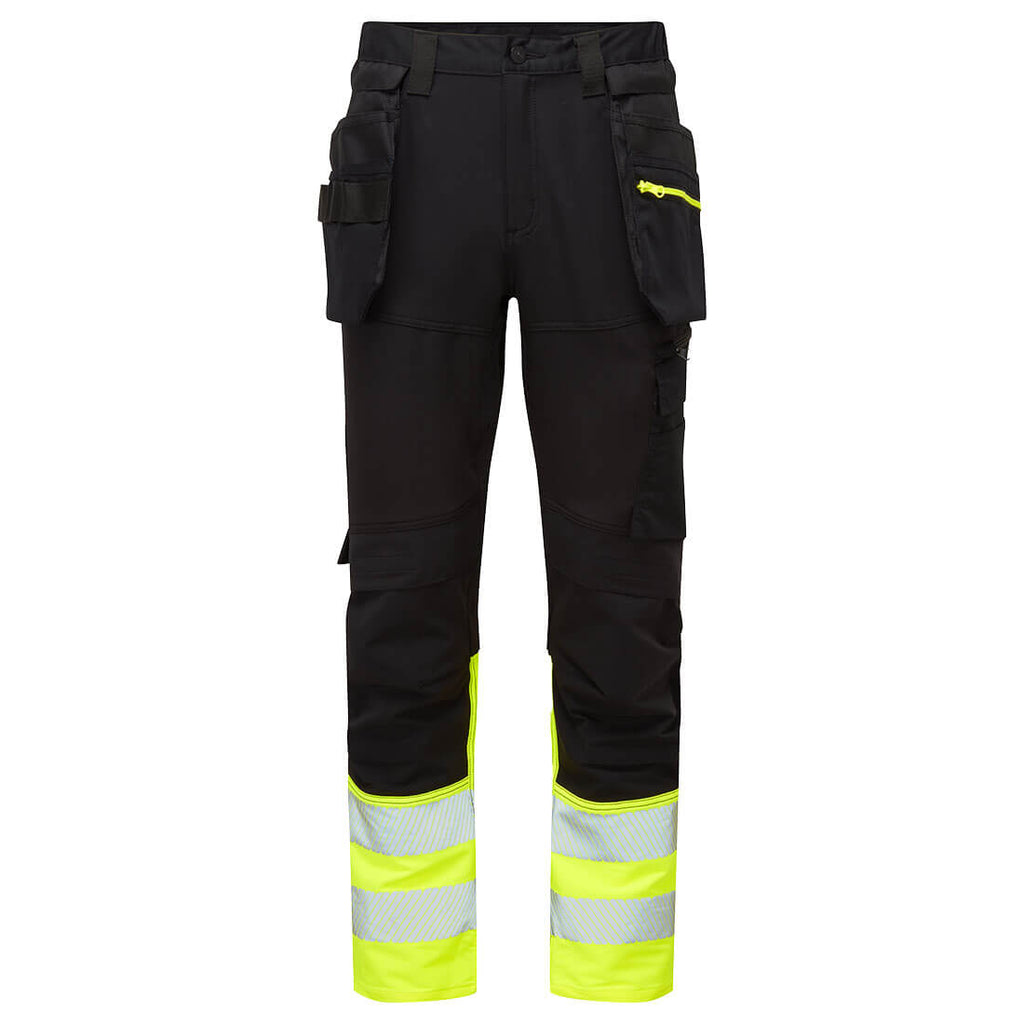 DX4 Hi-Vis 1-luokan Craft-housut irrotettavilla riipputaskuilla - Kelta/musta