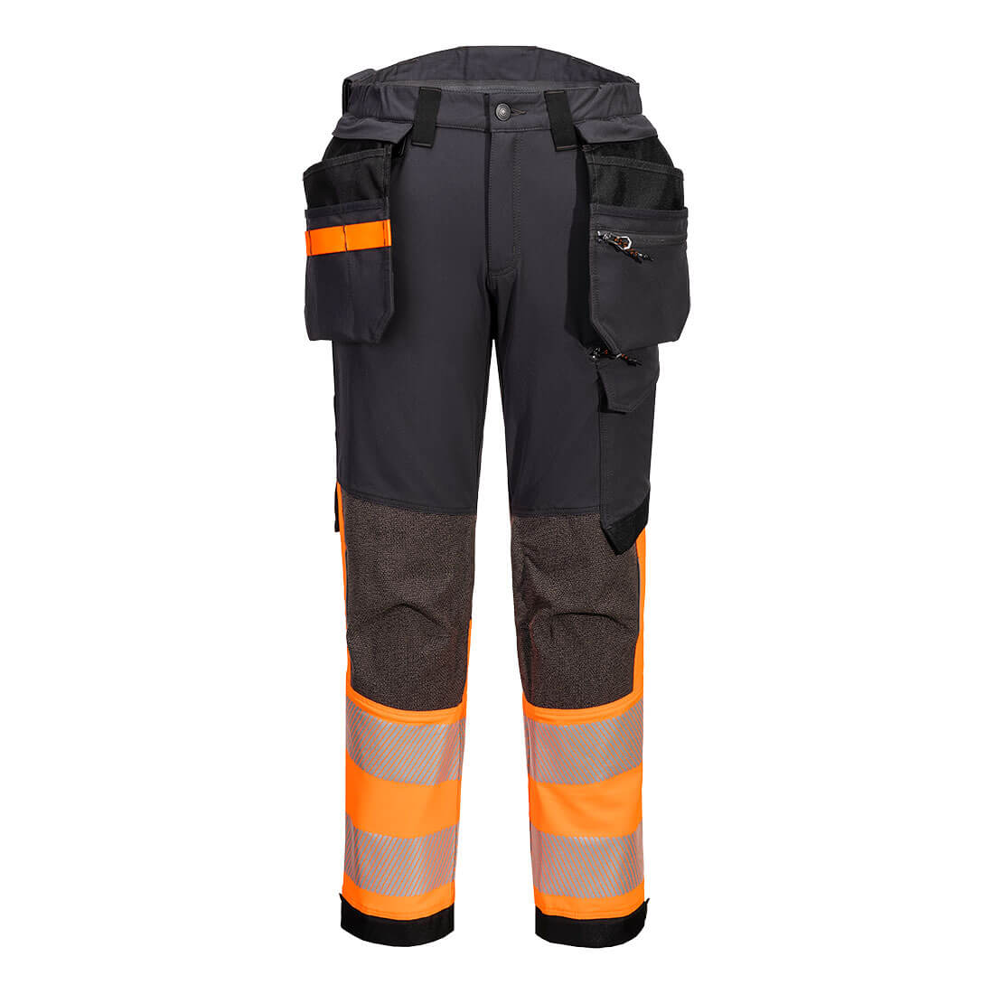 EV4 Hi-Vis 1-luokan joustavat housut irroitettavilla riipputaskuilla - Oranssi/metallinharmaa