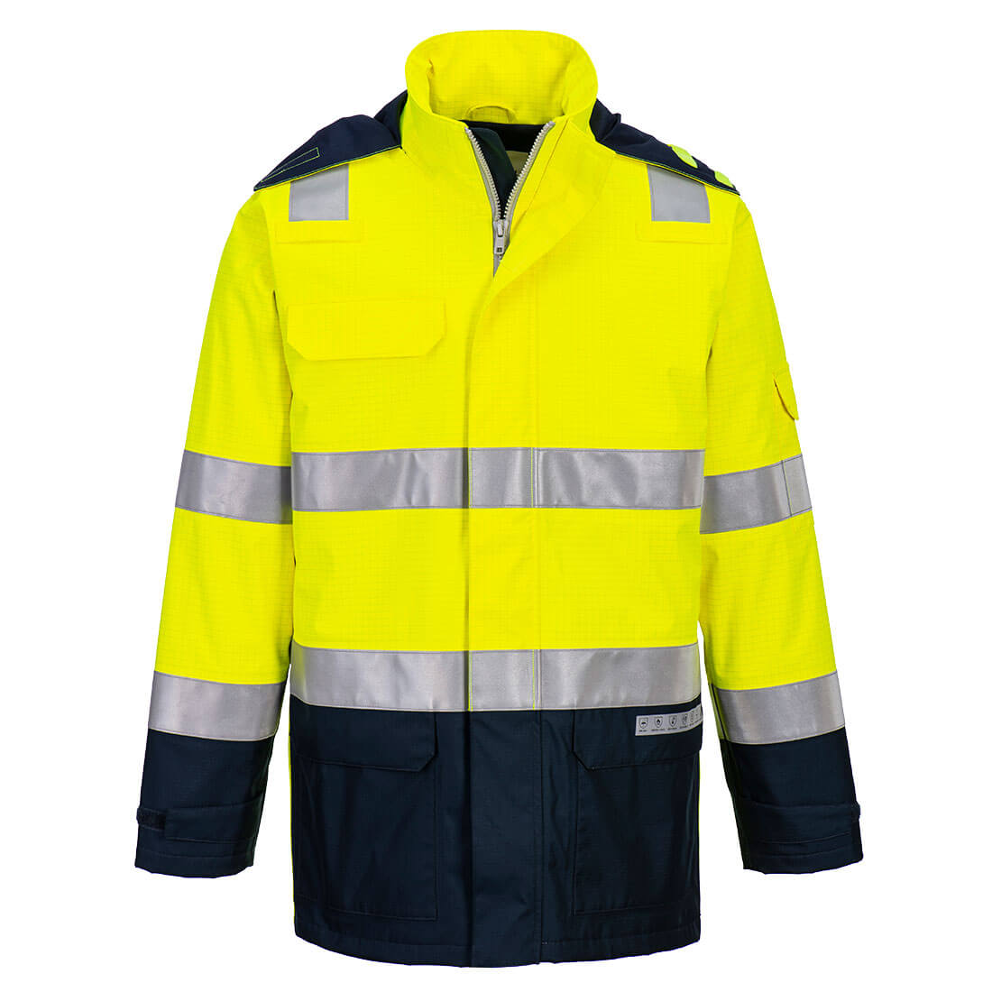 Bizflame Hi-Vis lämpövuorellinen ja sateenkestävä valokaarisuojattu takki - Kelta/navy